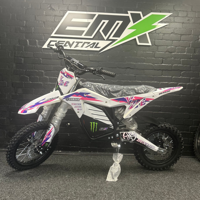 Motorcycle with Monster Energy branding in front of a black brick wall with a logo.