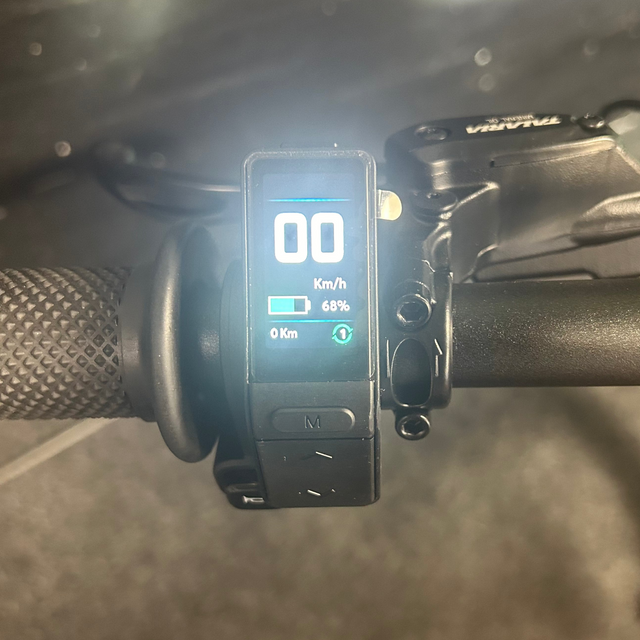Digital display on a bicycle handlebar with battery level and speed information.