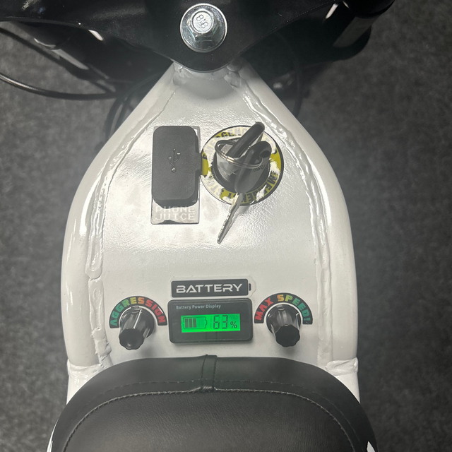 Close-up of a scooter's control panel with battery indicator and throttle.