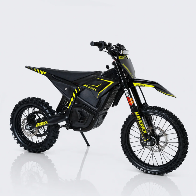 Black and yellow electric dirt bike on a white background