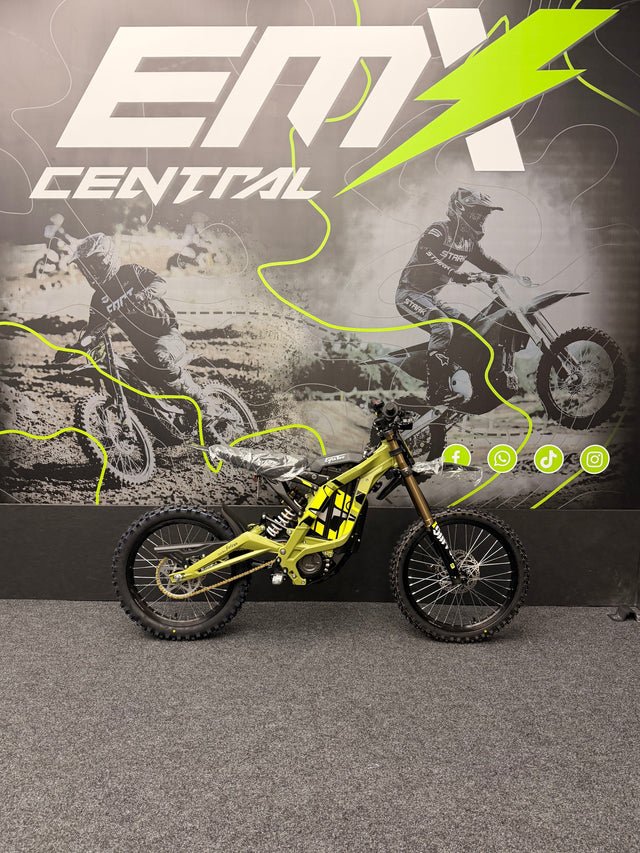 Yellow dirt bike in front of a promotional graphic for EMX Central with motocross imagery.