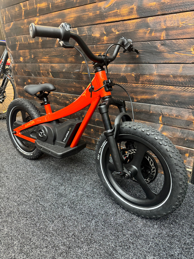 A red and black electric kids' bicycle with knobby tires, a suspension fork, and a step-through frame, parked against a rustic dark wood plank wall.