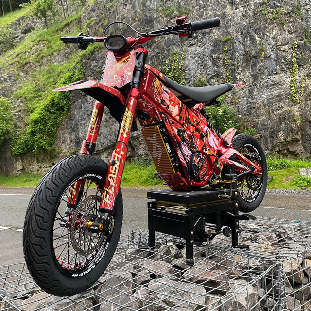 A red electric dirt bike with a custom graffiti-style graphic wrap, displayed on a black metal stand on a wire cage outdoors against a rocky cliff background.