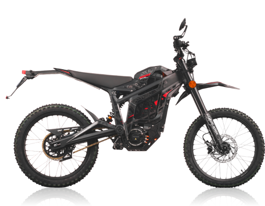 Black electric bike with red accents on a white background