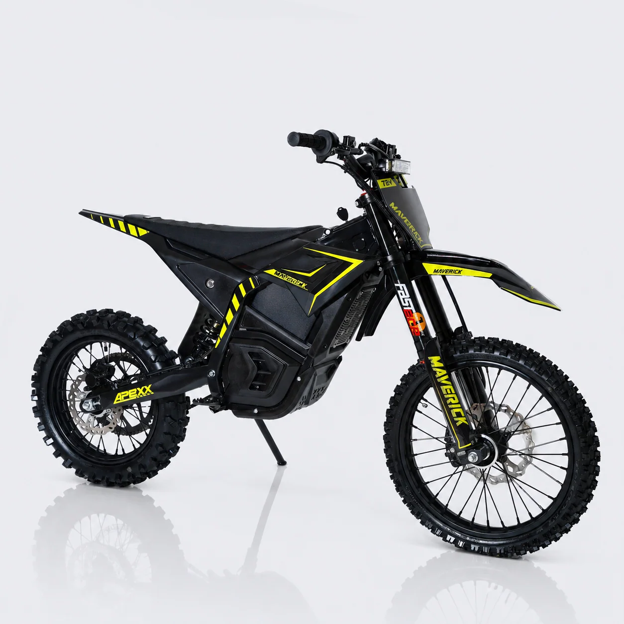 Black and yellow electric dirt bike on a white background
